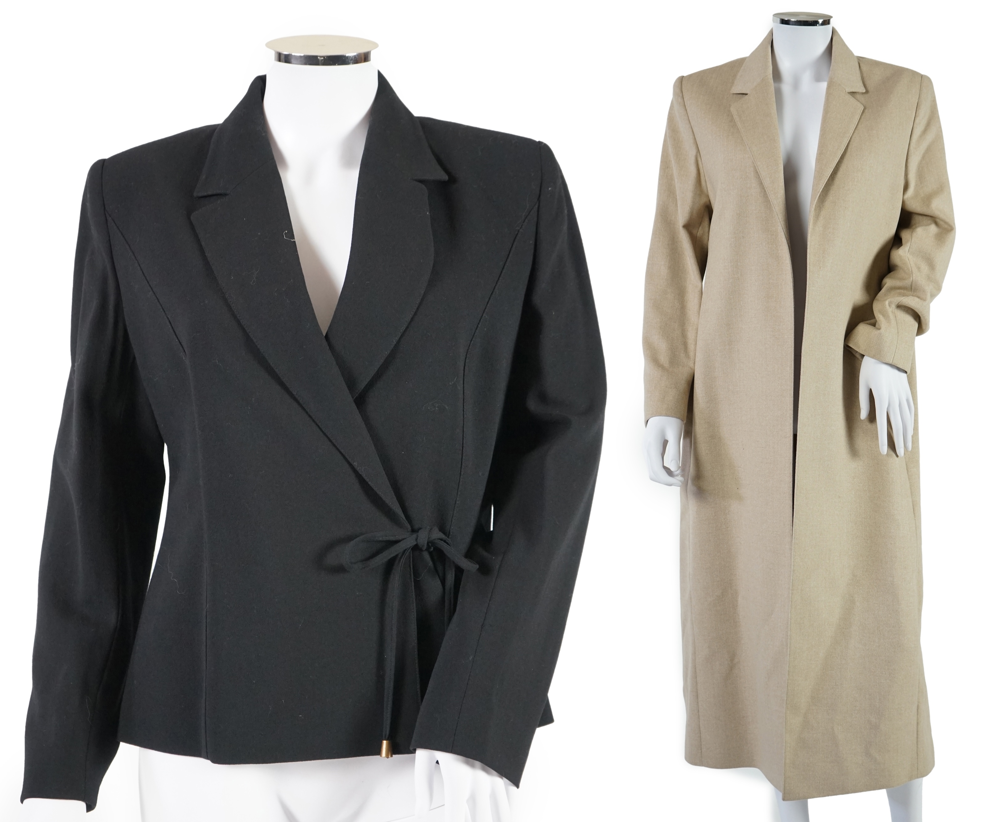 Two Louise Kennedy lady's suits: black with trousers and skirt, taupe long jacket with trousers. Approx size 14 Proceeds to Happy Paws Puppy Rescue